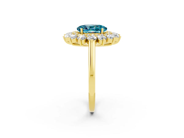 Yellow gold Oval Cut Blue Topaz Floral Double Halo Engagement Ring with Prong Setting