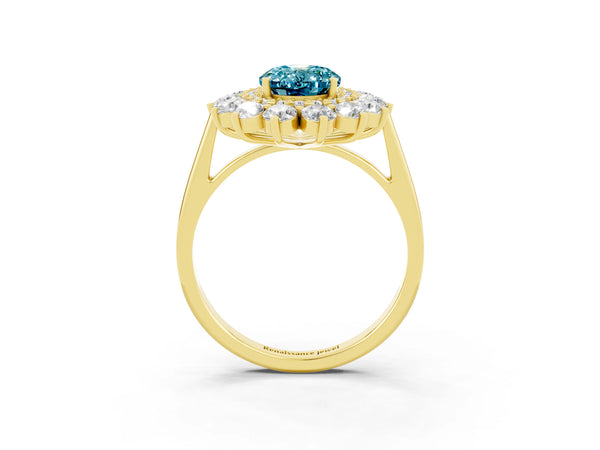 Yellow gold Oval Cut Blue Topaz Floral Double Halo Engagement Ring with Prong Setting