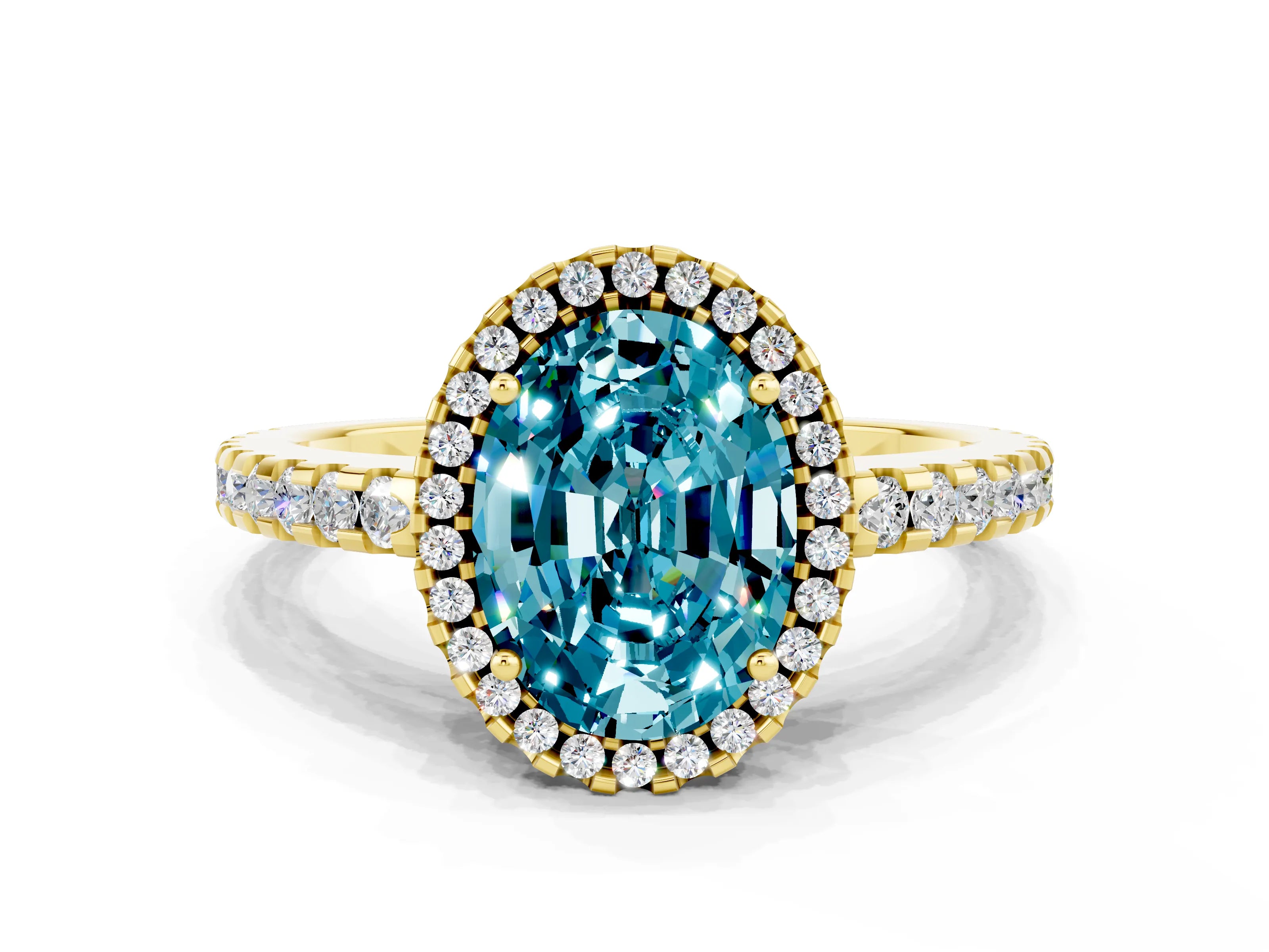 Yellow gold Oval Cut Blue Topaz Halo Engagement Ring with Pavé Band and Prong Setting_12
