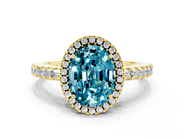Yellow gold Oval Cut Blue Topaz Halo Engagement Ring with Pavé Band and Prong Setting