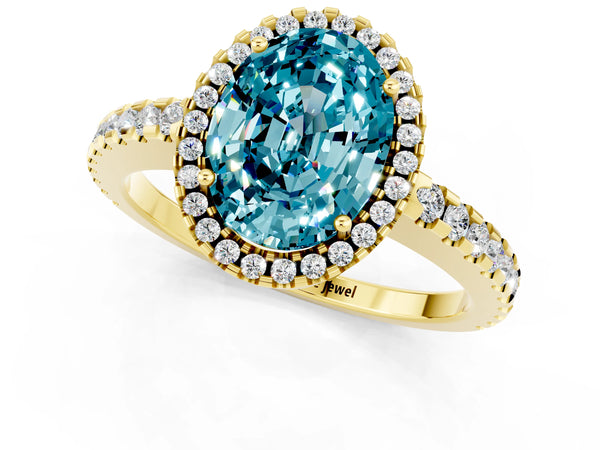 Yellow gold Oval Cut Blue Topaz Halo Engagement Ring with Pavé Band and Prong Setting