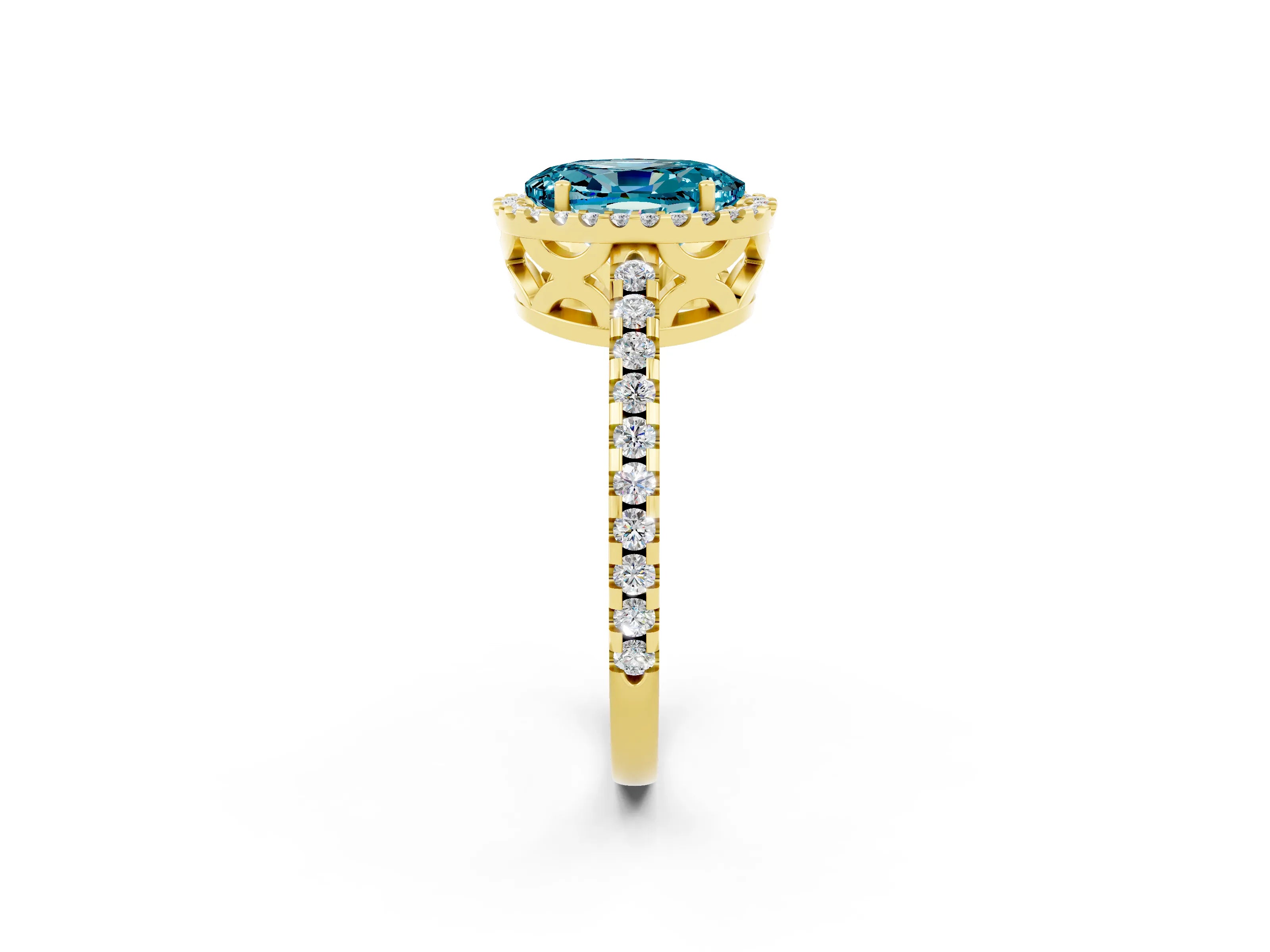 Yellow gold Oval Cut Blue Topaz Halo Engagement Ring with Pavé Band and Prong Setting_14