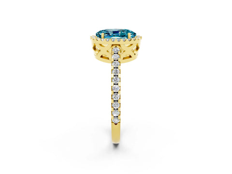 Yellow gold Oval Cut Blue Topaz Halo Engagement Ring with Pavé Band and Prong Setting_14