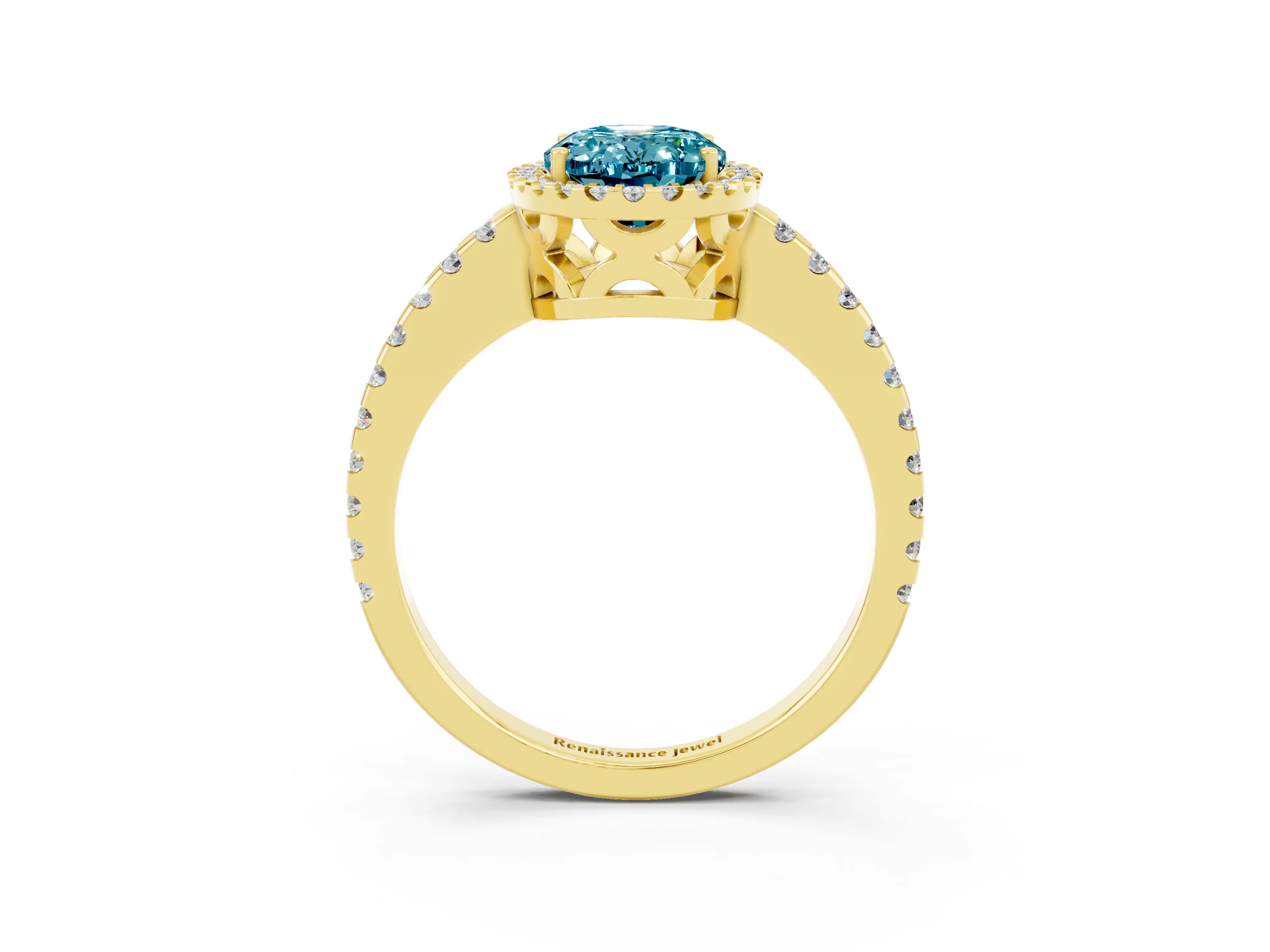 Yellow gold Oval Cut Blue Topaz Halo Engagement Ring with Pavé Band and Prong Setting_15