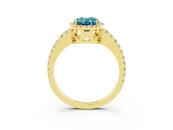 Yellow gold Oval Cut Blue Topaz Halo Engagement Ring with Pavé Band and Prong Setting