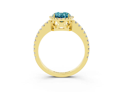Yellow gold Oval Cut Blue Topaz Halo Engagement Ring with Pavé Band and Prong Setting_15