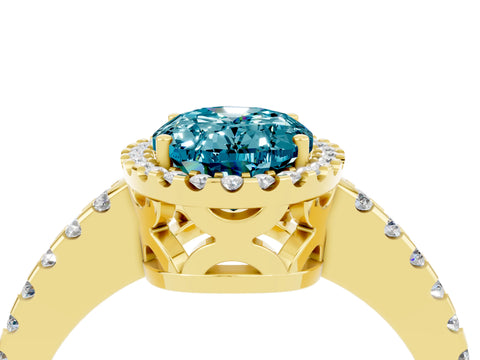 Yellow gold Oval Cut Blue Topaz Halo Engagement Ring with Pavé Band and Prong Setting_16