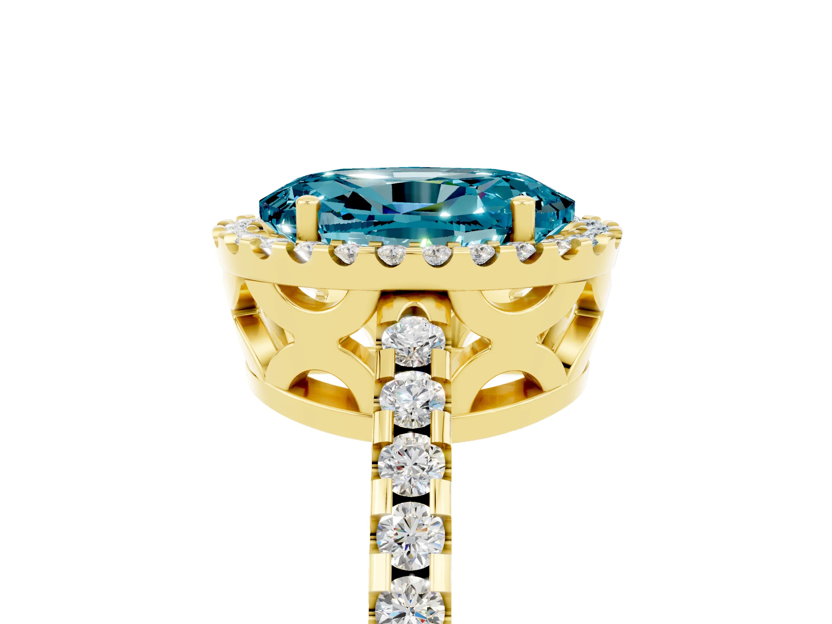 Yellow gold Oval Cut Blue Topaz Halo Engagement Ring with Pavé Band and Prong Setting_17