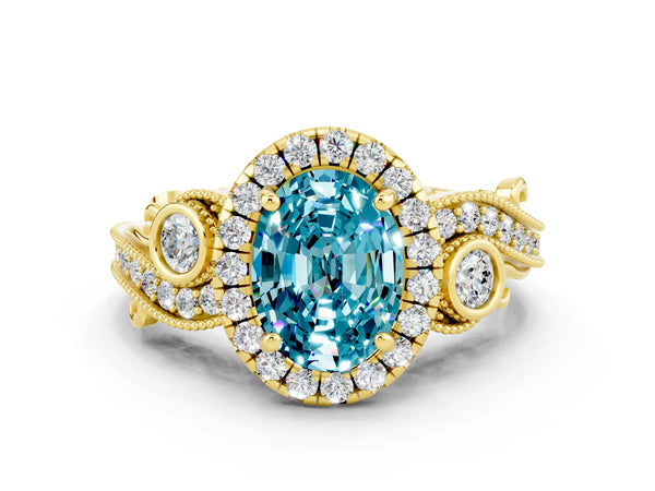 Yellow gold Oval Cut Blue Topaz Halo Ring with Milgrain Pavé Band and Four-Prong Setting