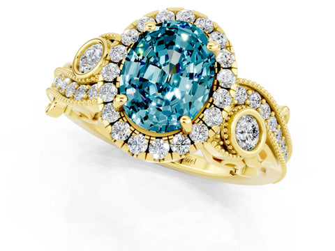Yellow gold Oval Cut Blue Topaz Halo Ring with Milgrain Pavé Band and Four-Prong Setting_13