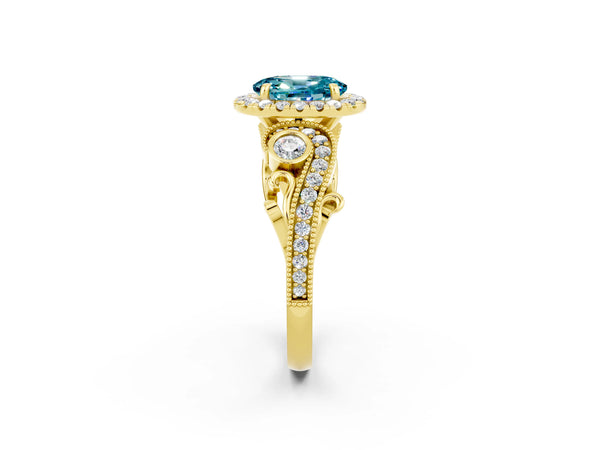 Yellow gold Oval Cut Blue Topaz Halo Ring with Milgrain Pavé Band and Four-Prong Setting