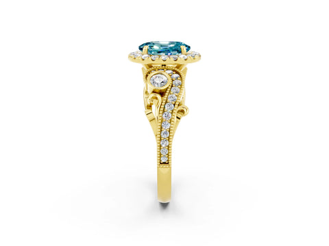 Yellow gold Oval Cut Blue Topaz Halo Ring with Milgrain Pavé Band and Four-Prong Setting_14