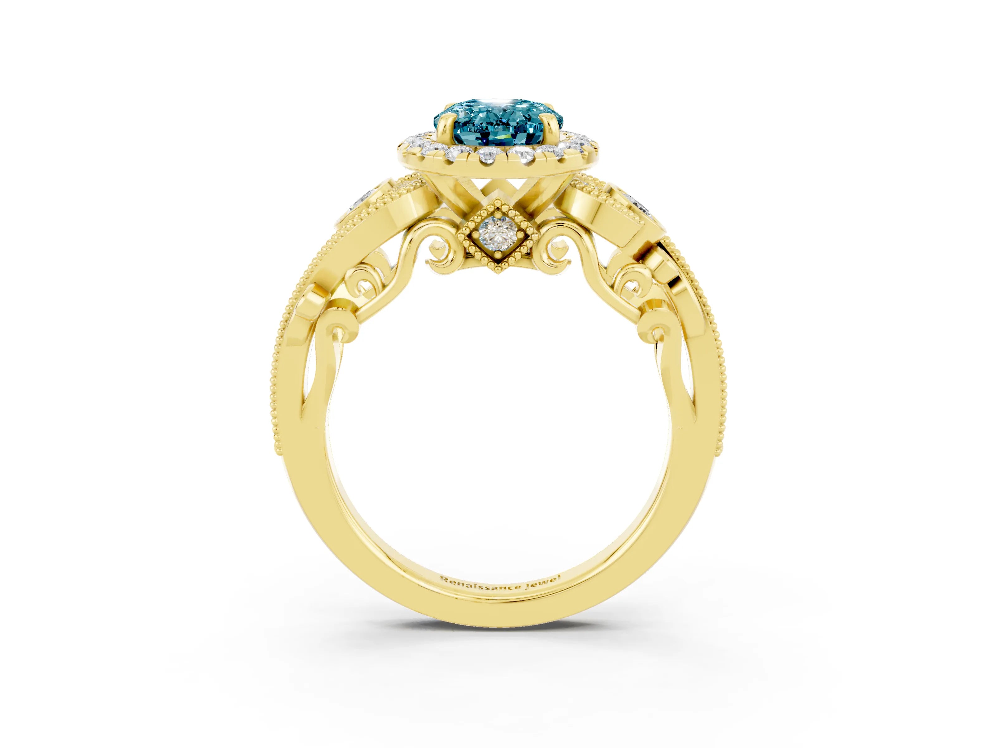 Yellow gold Oval Cut Blue Topaz Halo Ring with Milgrain Pavé Band and Four-Prong Setting_15