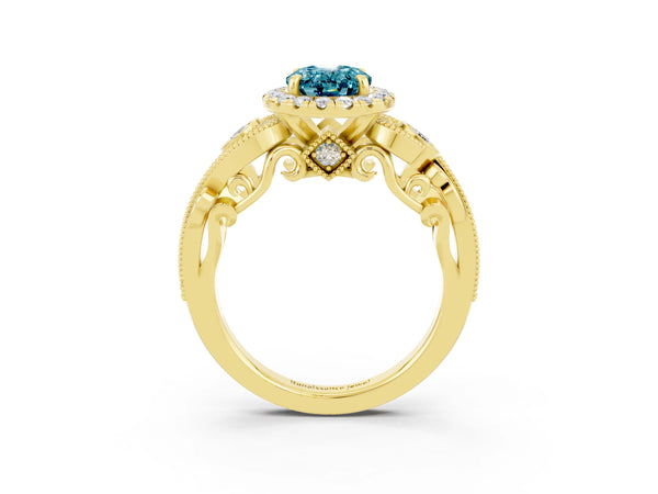 Yellow gold Oval Cut Blue Topaz Halo Ring with Milgrain Pavé Band and Four-Prong Setting