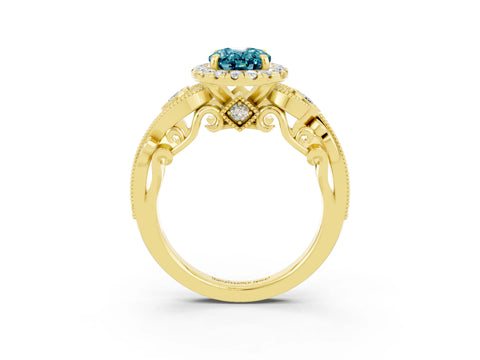 Yellow gold Oval Cut Blue Topaz Halo Ring with Milgrain Pavé Band and Four-Prong Setting_15