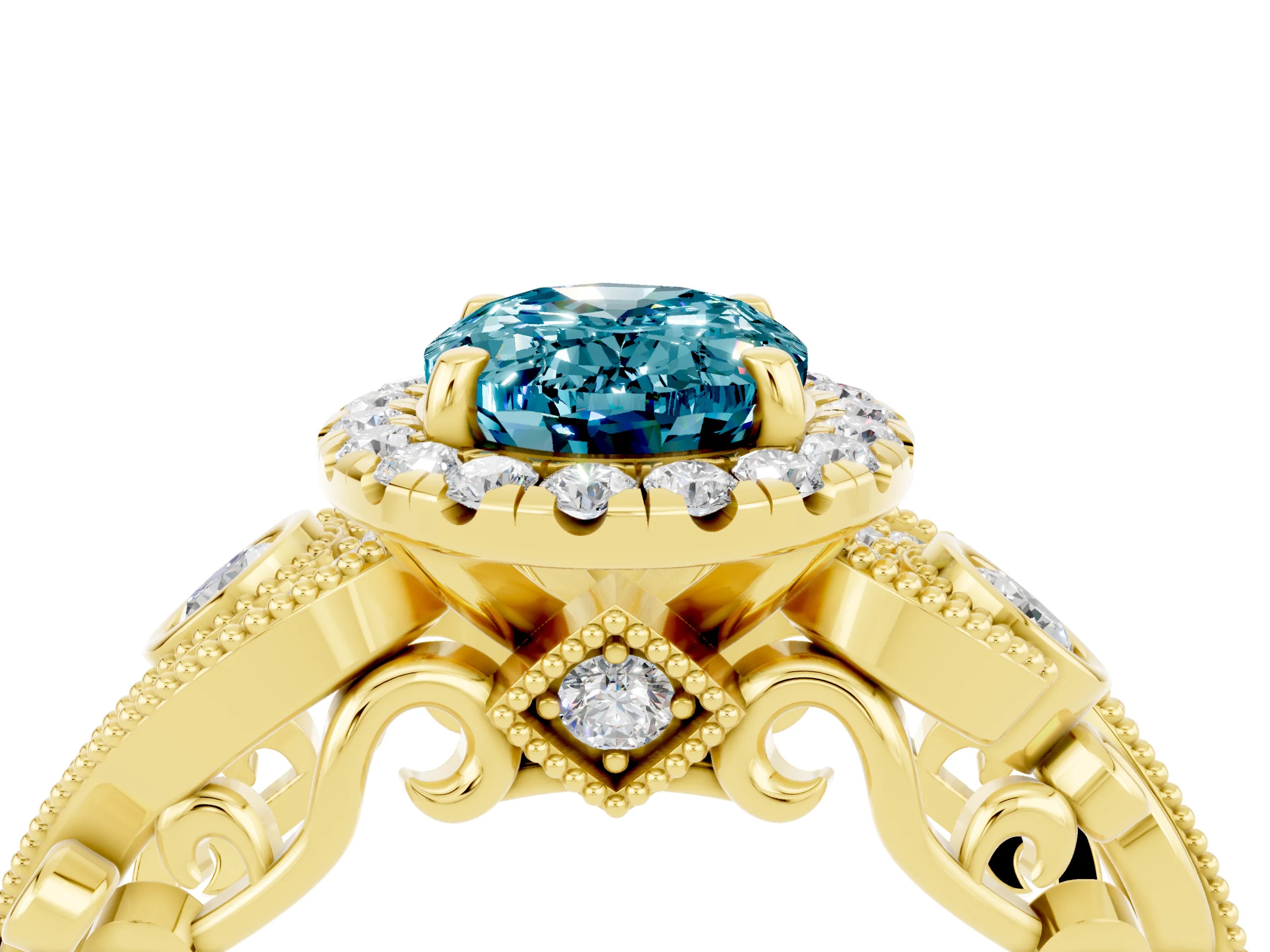 Yellow gold Oval Cut Blue Topaz Halo Ring with Milgrain Pavé Band and Four-Prong Setting_16