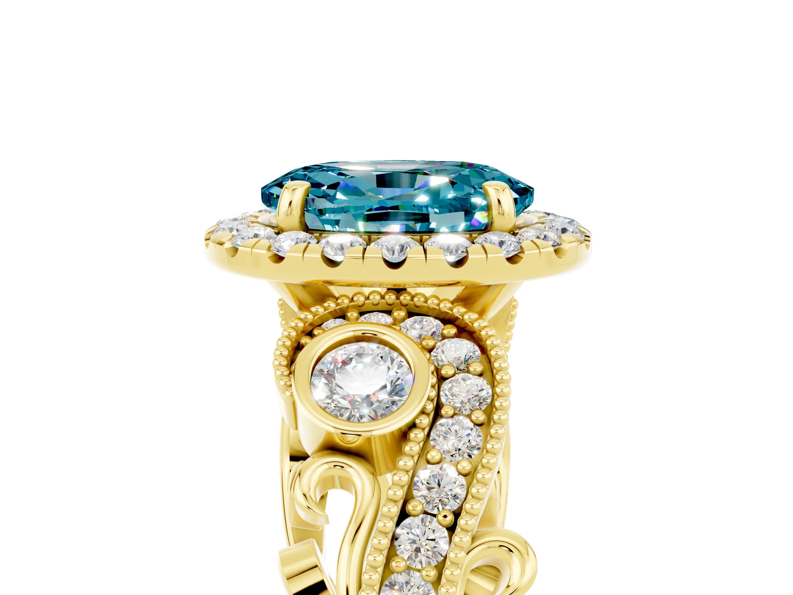 Yellow gold Oval Cut Blue Topaz Halo Ring with Milgrain Pavé Band and Four-Prong Setting_17