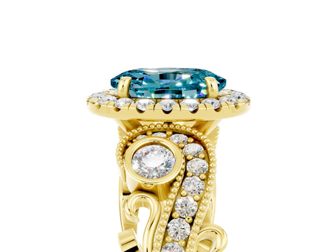 Yellow gold Oval Cut Blue Topaz Halo Ring with Milgrain Pavé Band and Four-Prong Setting_17