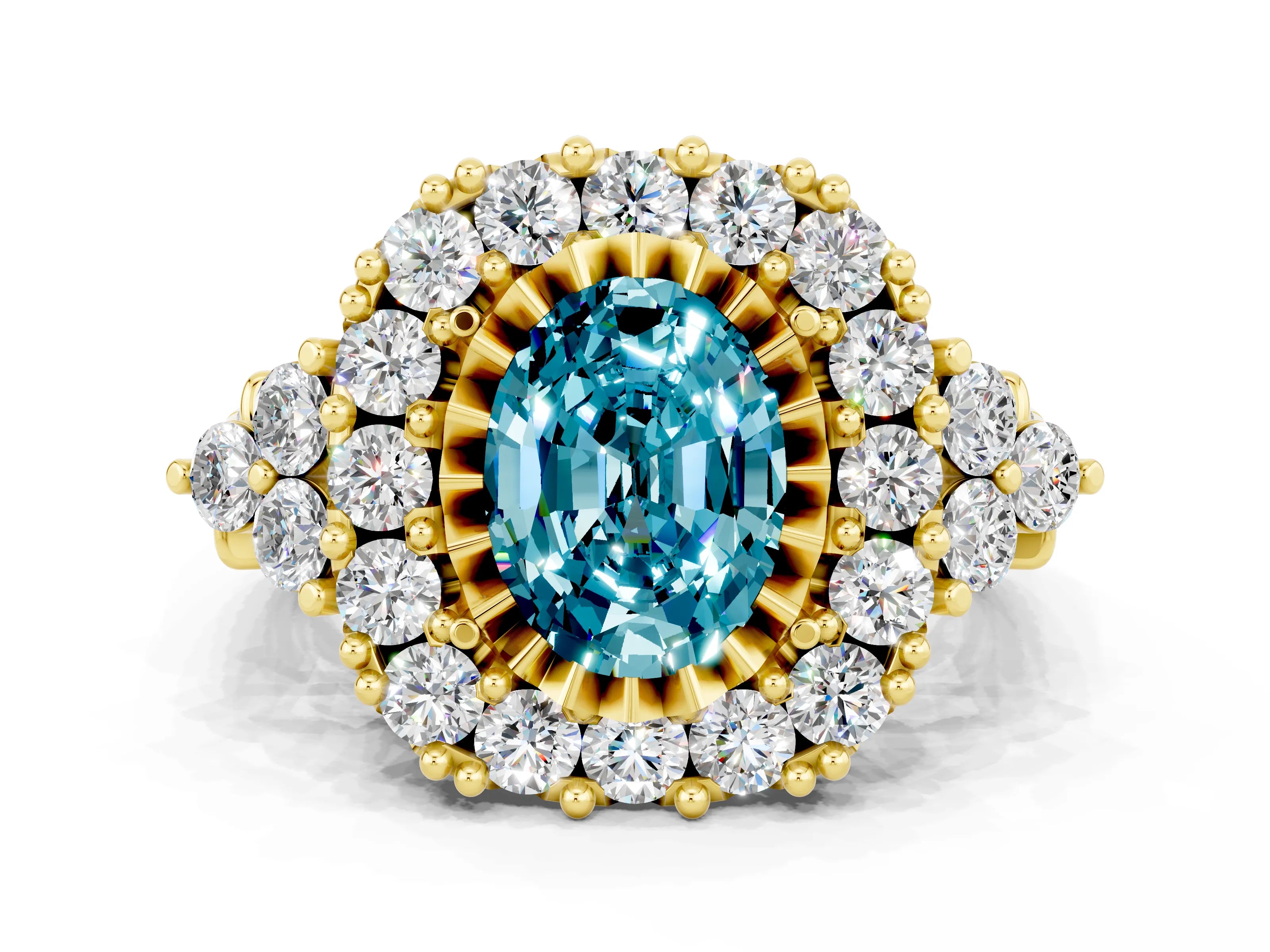 Yellow gold Oval Cut Blue Topaz Halo Ring with Pavé Band and Four-Prong Setting_12