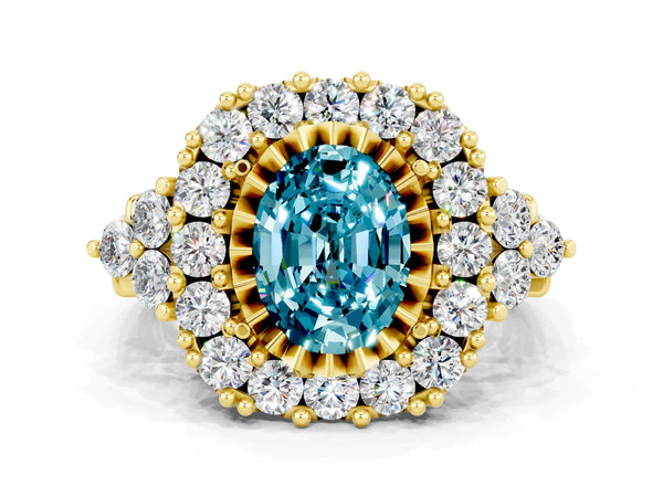 Yellow gold Oval Cut Blue Topaz Halo Ring with Pavé Band and Four-Prong Setting