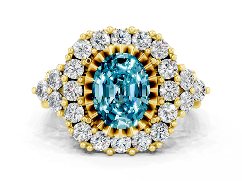 Yellow gold Oval Cut Blue Topaz Halo Ring with Pavé Band and Four-Prong Setting_12