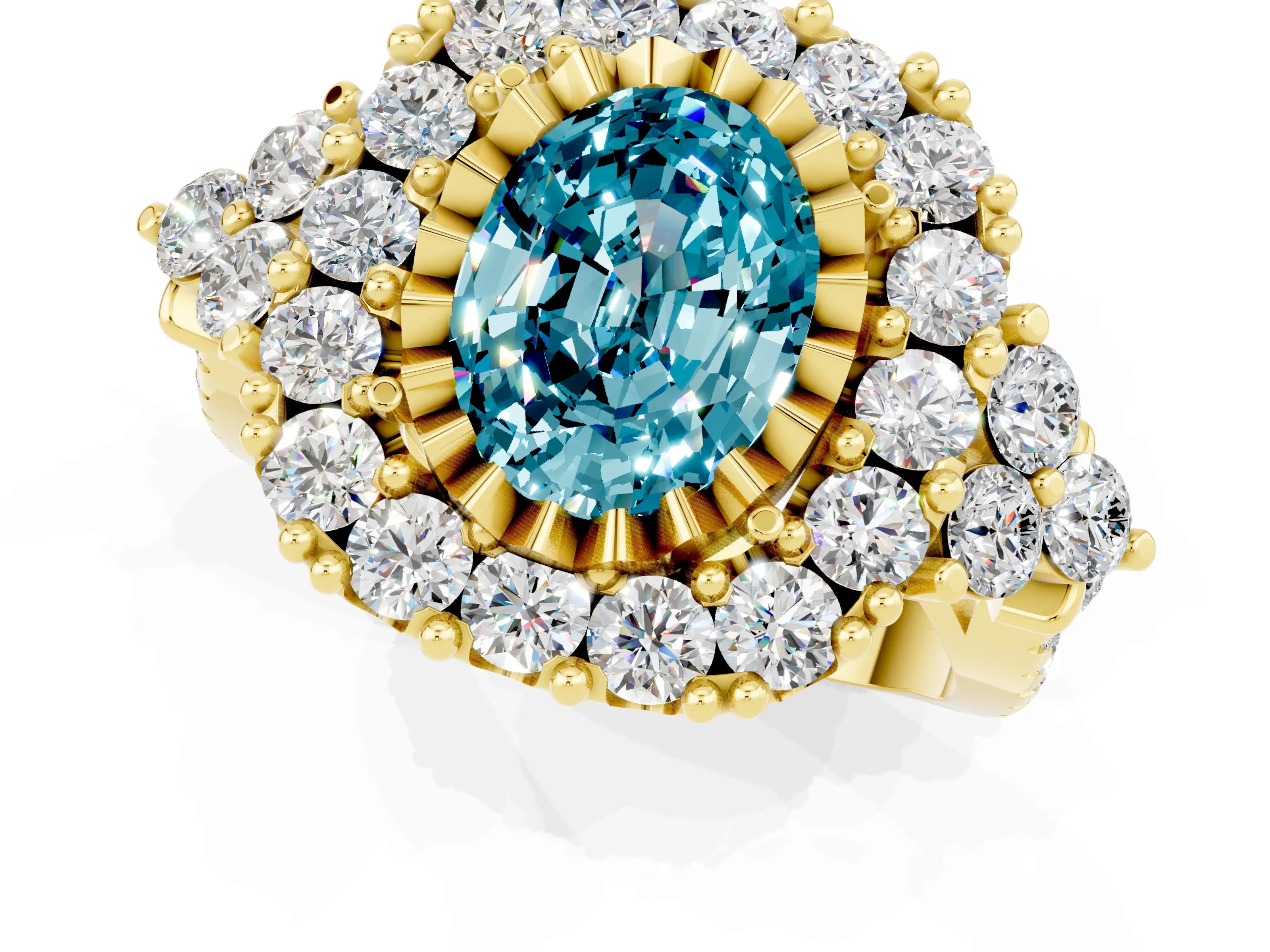 Yellow gold Oval Cut Blue Topaz Halo Ring with Pavé Band and Four-Prong Setting_13