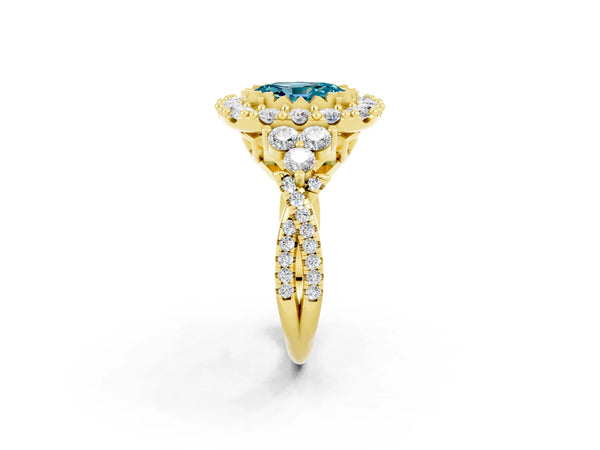 Yellow gold Oval Cut Blue Topaz Halo Ring with Pavé Band and Four-Prong Setting