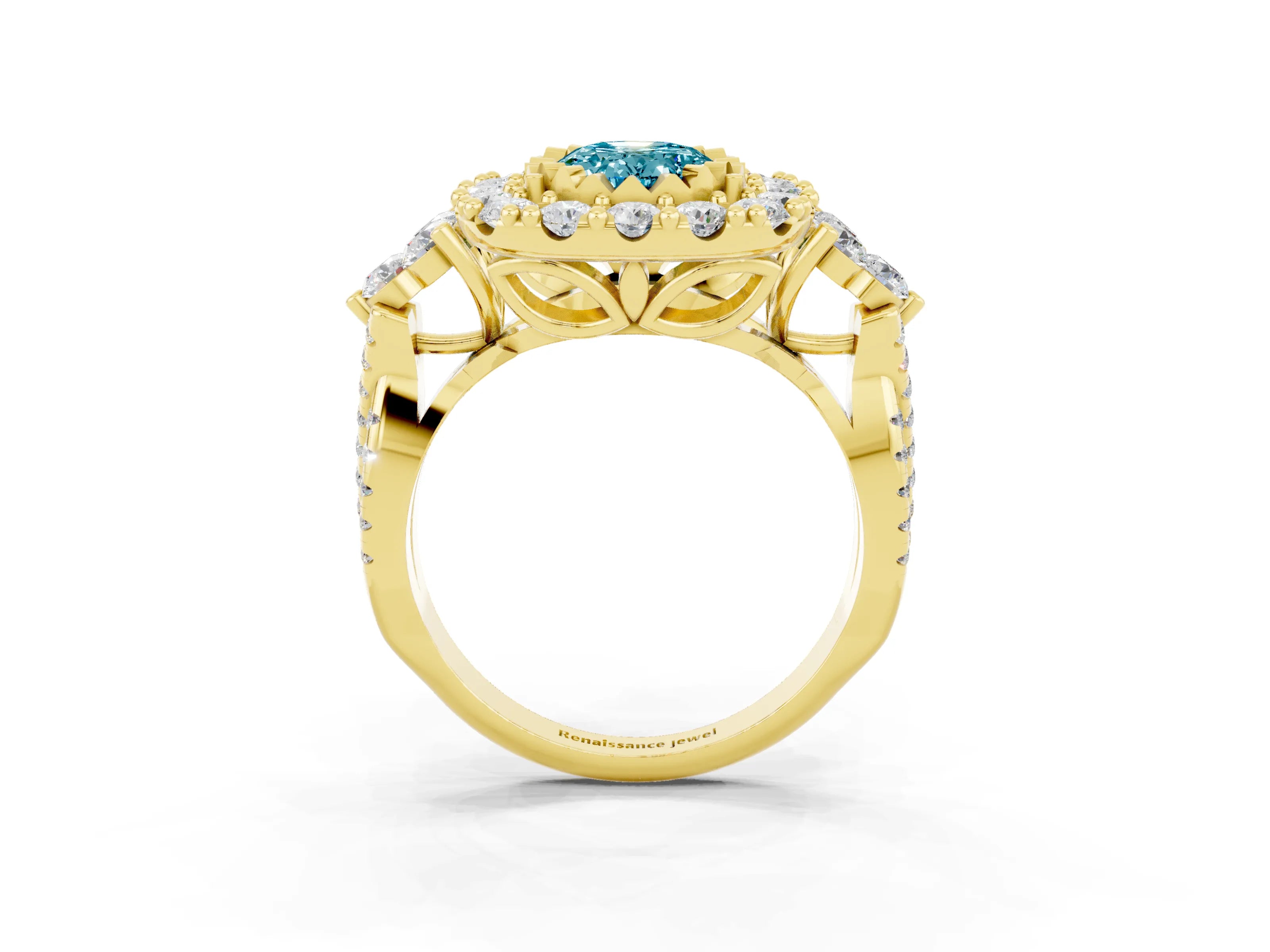 Yellow gold Oval Cut Blue Topaz Halo Ring with Pavé Band and Four-Prong Setting_15