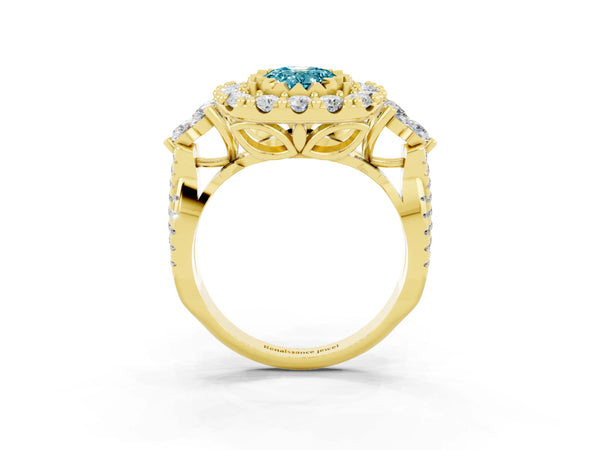 Yellow gold Oval Cut Blue Topaz Halo Ring with Pavé Band and Four-Prong Setting