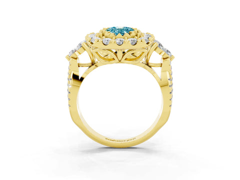 Yellow gold Oval Cut Blue Topaz Halo Ring with Pavé Band and Four-Prong Setting_15