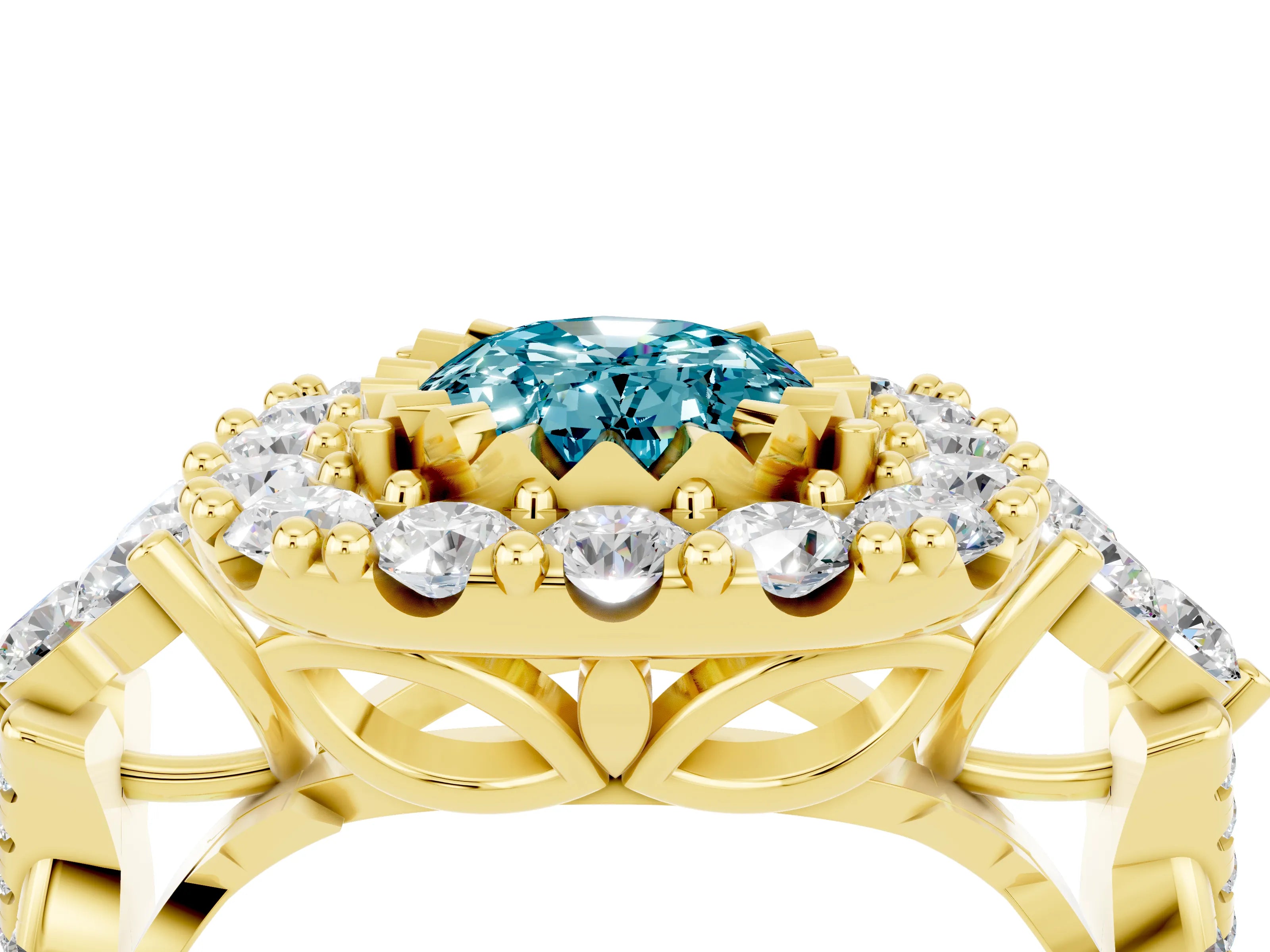 Yellow gold Oval Cut Blue Topaz Halo Ring with Pavé Band and Four-Prong Setting_16