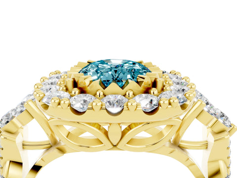 Yellow gold Oval Cut Blue Topaz Halo Ring with Pavé Band and Four-Prong Setting_16