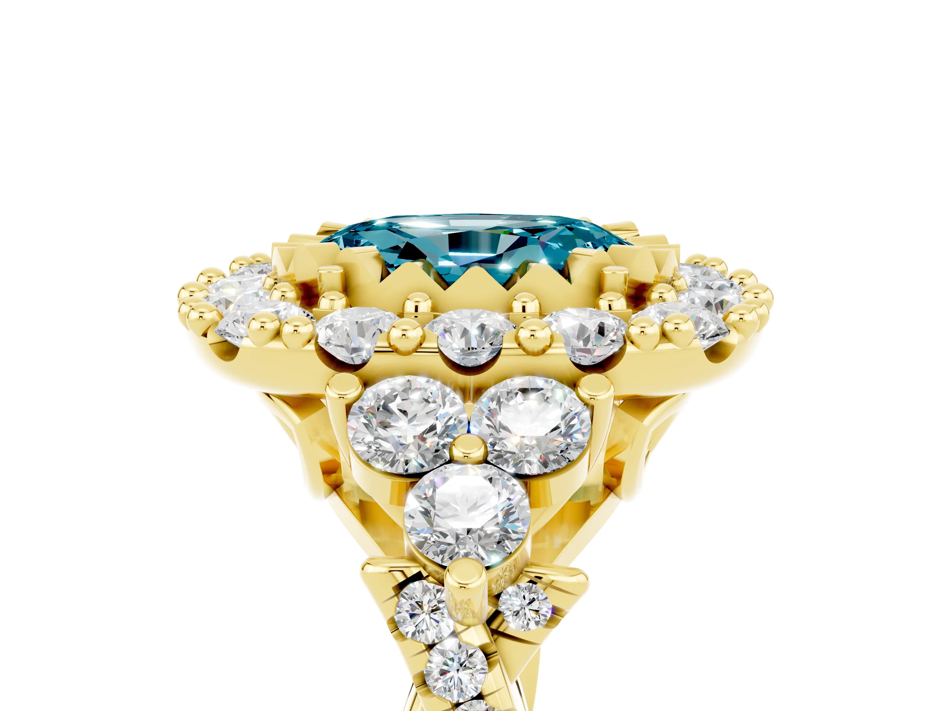 Yellow gold Oval Cut Blue Topaz Halo Ring with Pavé Band and Four-Prong Setting_17