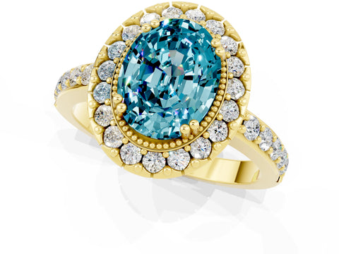 Yellow gold Oval Cut Blue Topaz Halo Ring with Pavé Band and Prong Setting_1