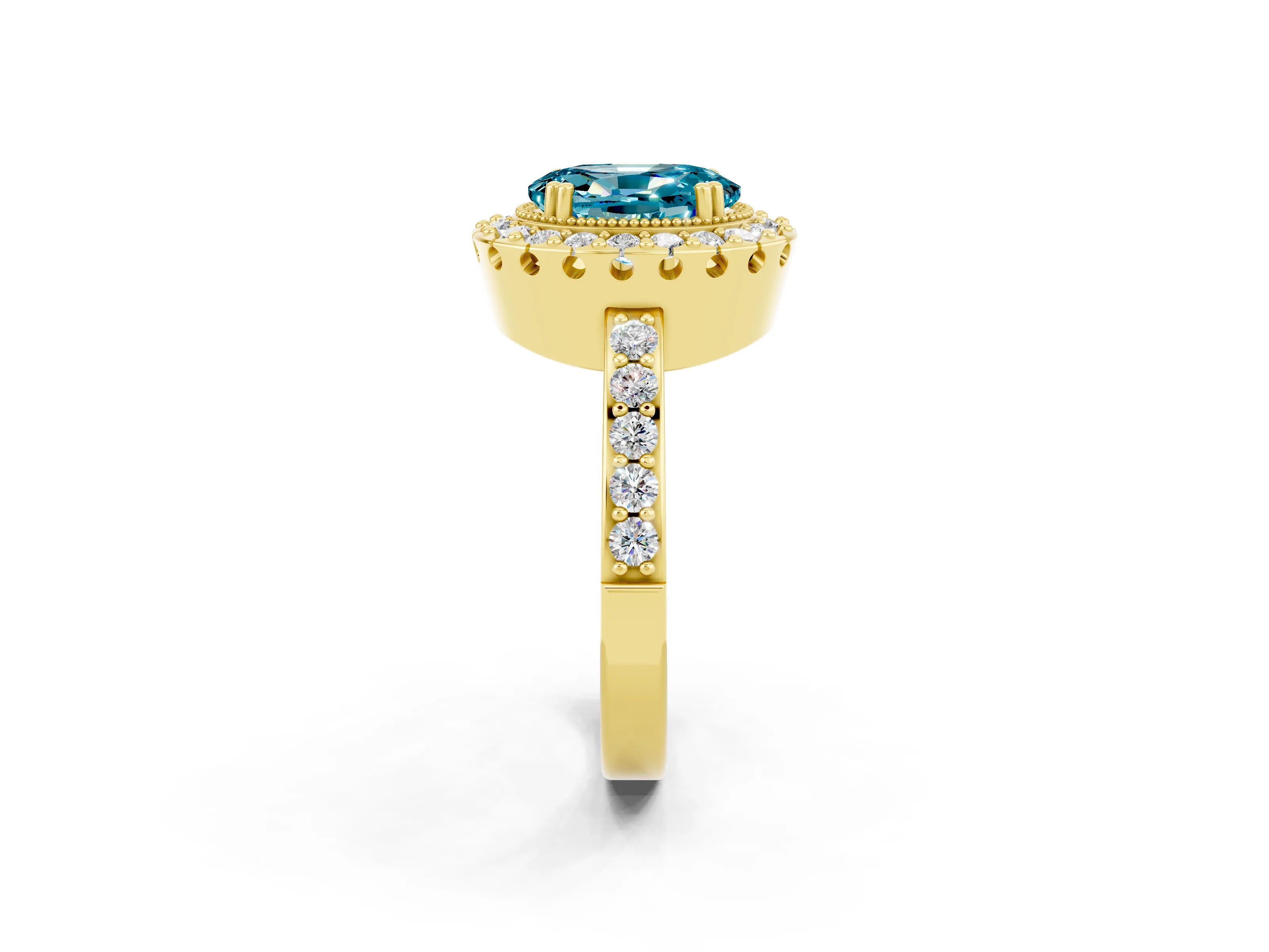 Yellow gold Oval Cut Blue Topaz Halo Ring with Pavé Band and Prong Setting_2