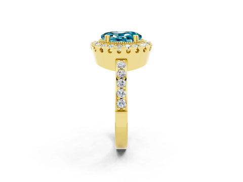 Yellow gold Oval Cut Blue Topaz Halo Ring with Pavé Band and Prong Setting_2