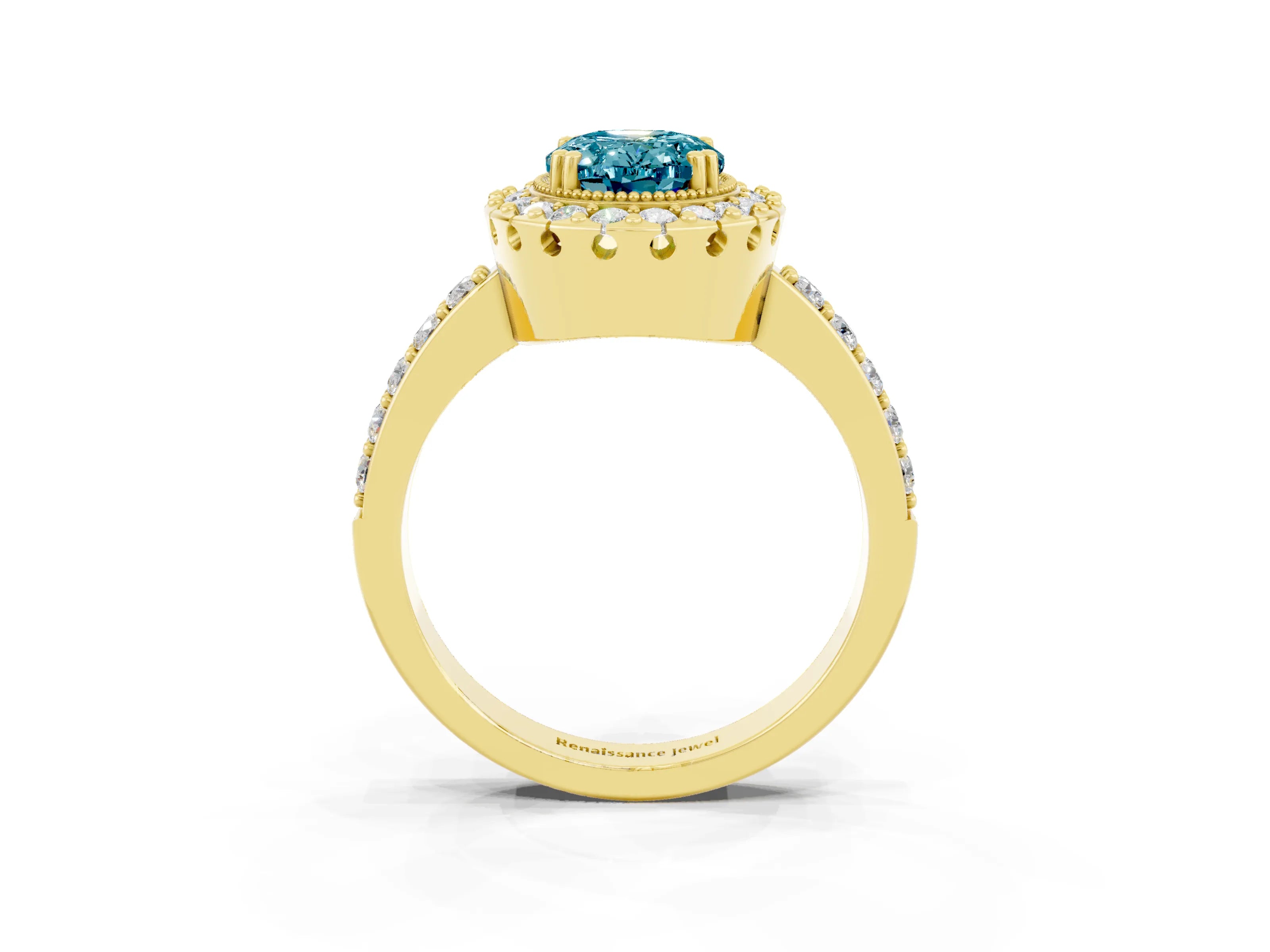 Yellow gold Oval Cut Blue Topaz Halo Ring with Pavé Band and Prong Setting_3