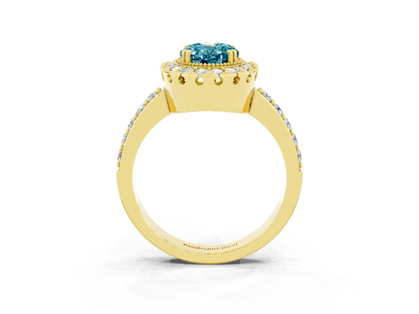 Yellow gold Oval Cut Blue Topaz Halo Ring with Pavé Band and Prong Setting