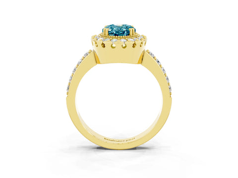 Yellow gold Oval Cut Blue Topaz Halo Ring with Pavé Band and Prong Setting_3