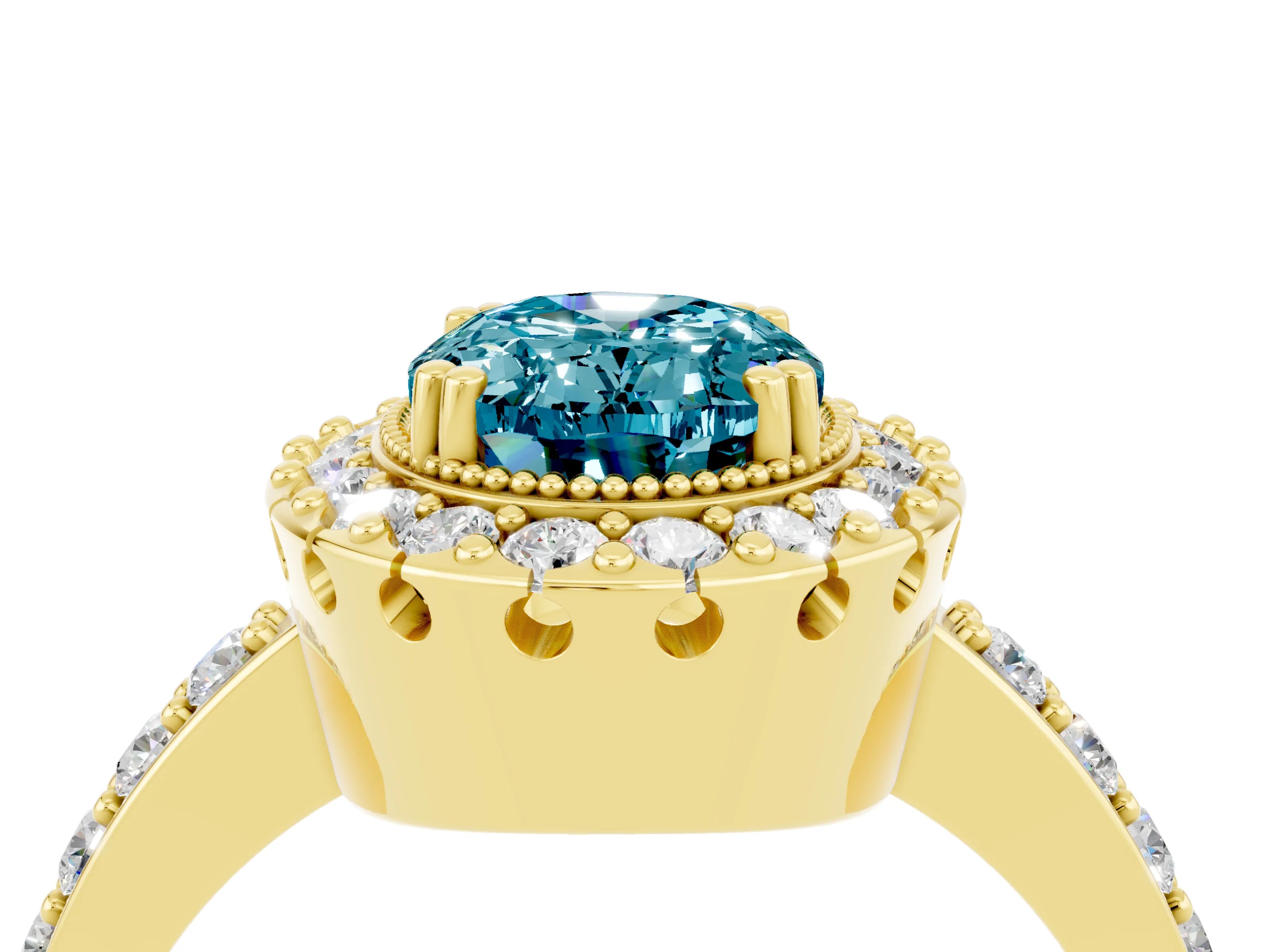Yellow gold Oval Cut Blue Topaz Halo Ring with Pavé Band and Prong Setting_4