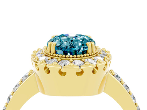 Yellow gold Oval Cut Blue Topaz Halo Ring with Pavé Band and Prong Setting_4