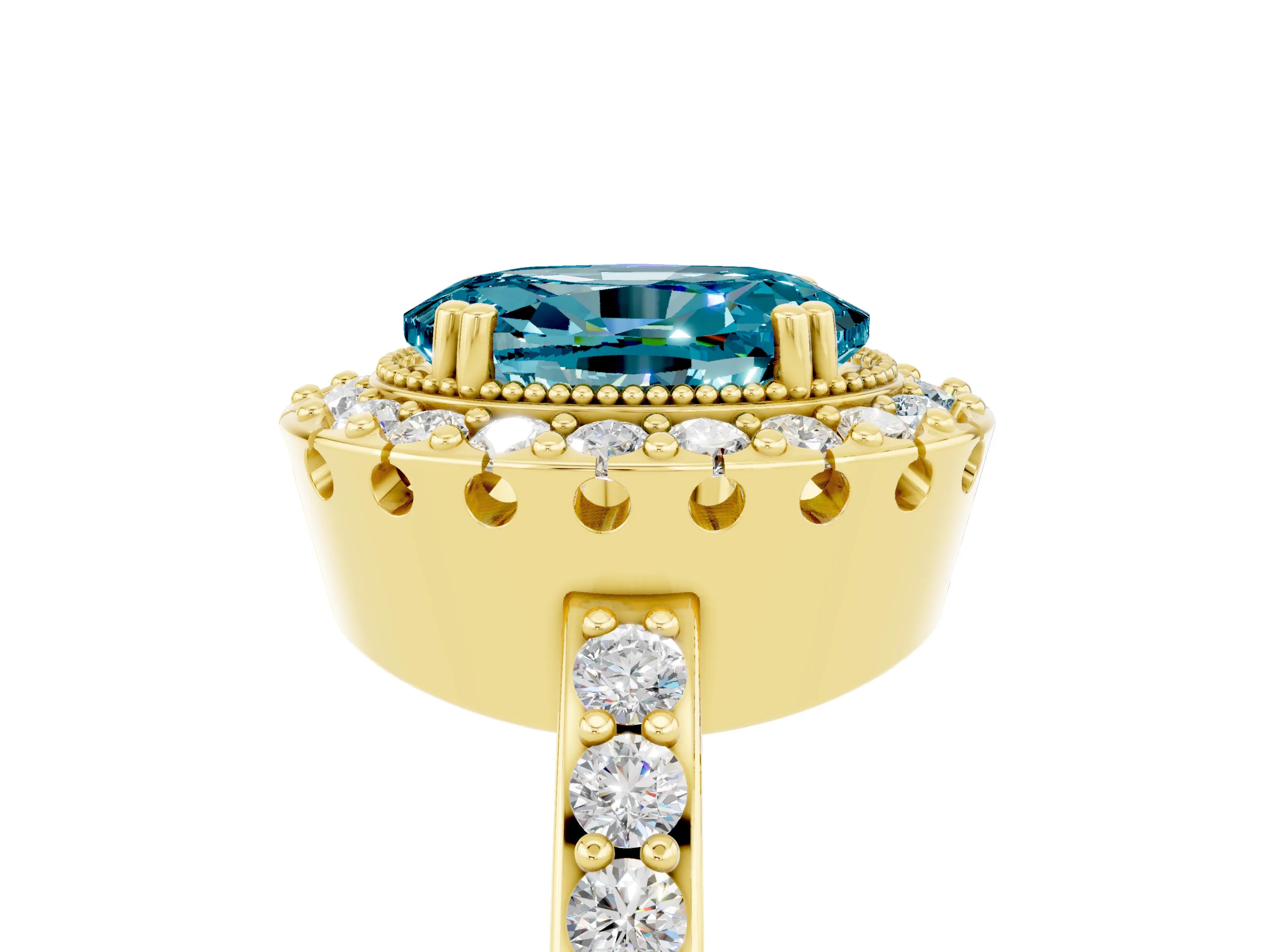Yellow gold Oval Cut Blue Topaz Halo Ring with Pavé Band and Prong Setting_5