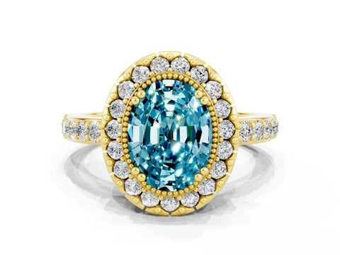 Yellow gold Oval Cut Blue Topaz Halo Ring with Pavé Band and Prong Setting