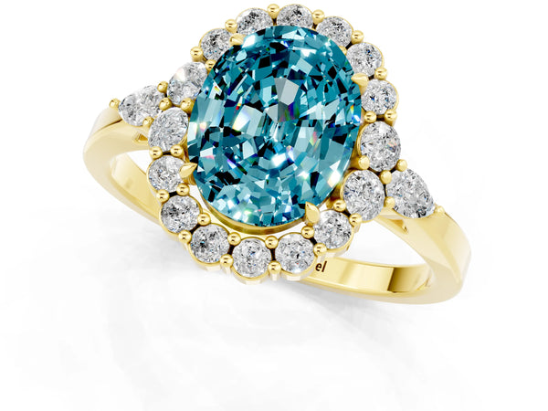 Yellow gold Oval Cut Blue Topaz Halo Ring with Pear Side Stones and Prong Setting