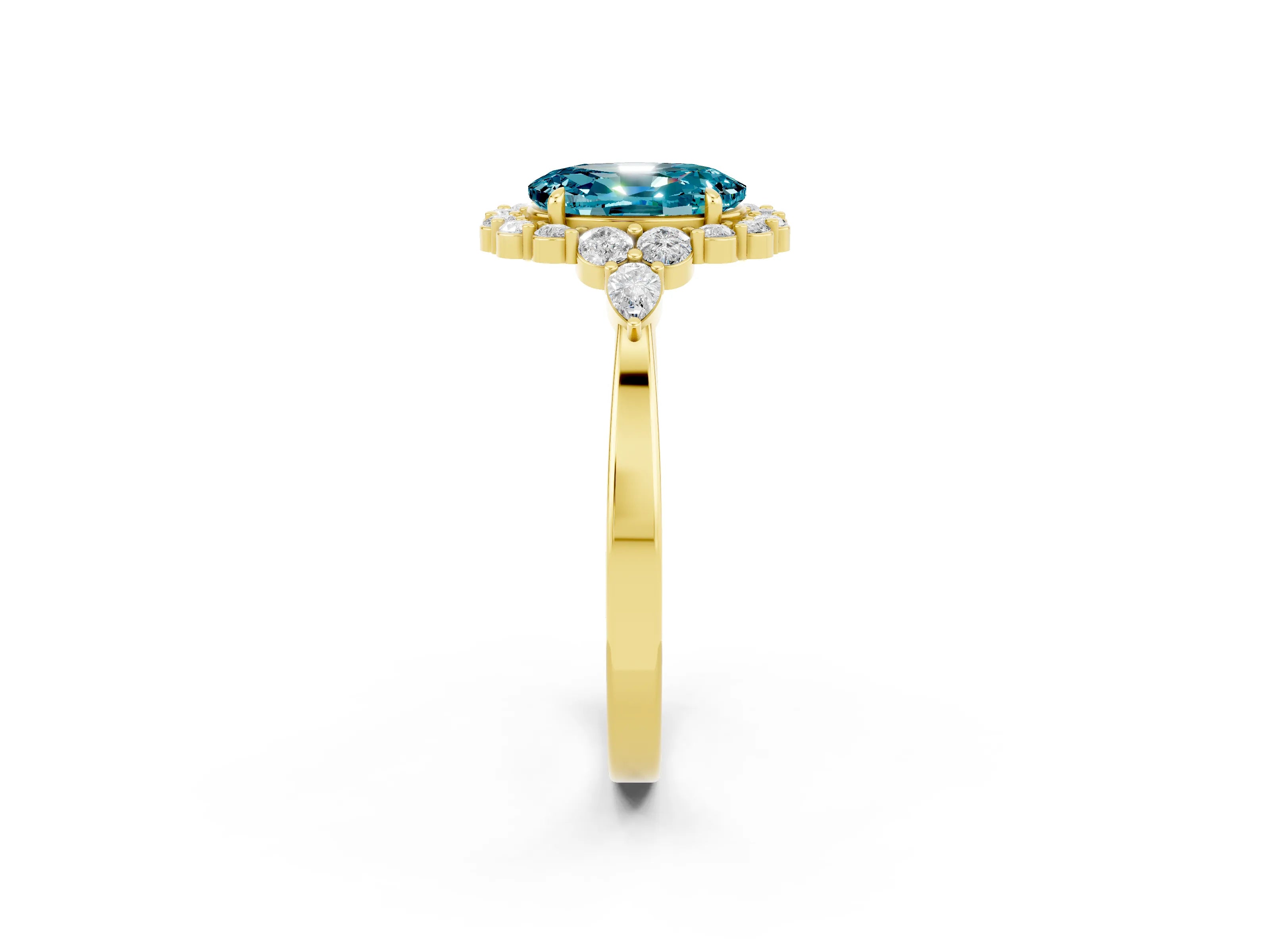 Yellow gold Oval Cut Blue Topaz Halo Ring with Pear Side Stones and Prong Setting_14