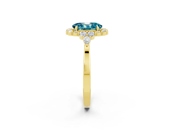 Yellow gold Oval Cut Blue Topaz Halo Ring with Pear Side Stones and Prong Setting