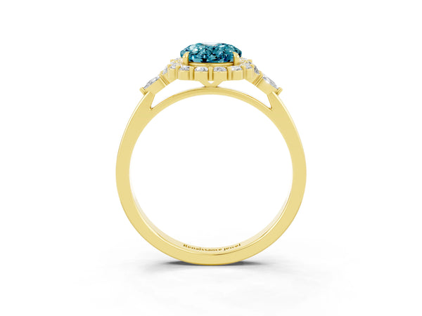 Yellow gold Oval Cut Blue Topaz Halo Ring with Pear Side Stones and Prong Setting