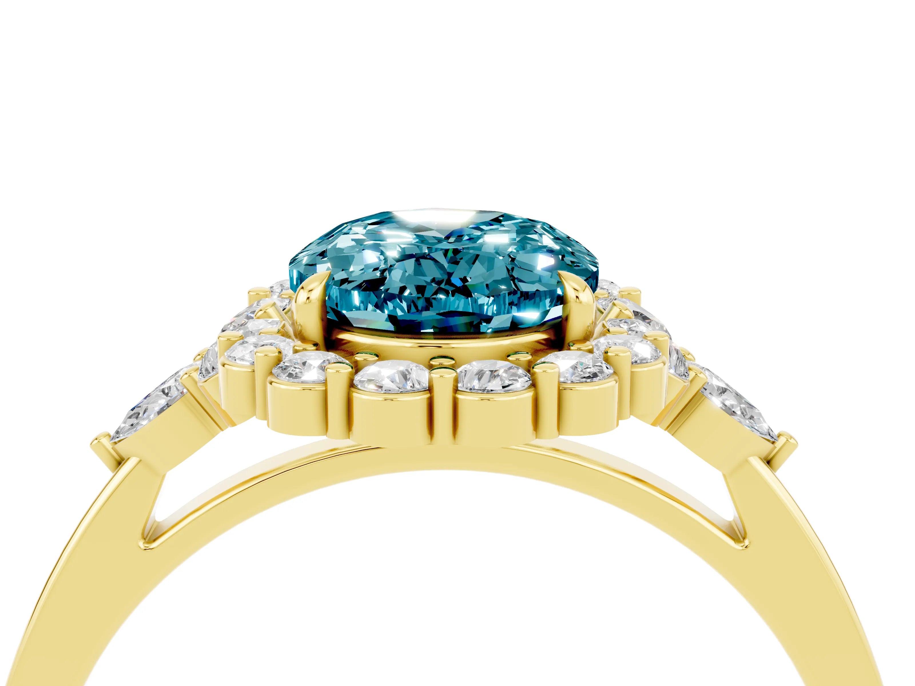 Yellow gold Oval Cut Blue Topaz Halo Ring with Pear Side Stones and Prong Setting_16