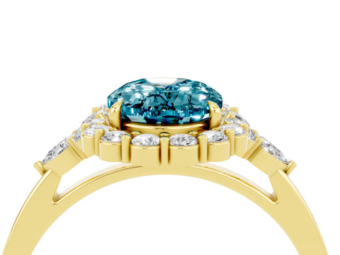 Yellow gold Oval Cut Blue Topaz Halo Ring with Pear Side Stones and Prong Setting_16
