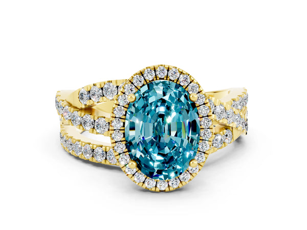Yellow gold Oval Cut Blue Topaz Halo Ring with Round Split Shank and Prong Setting